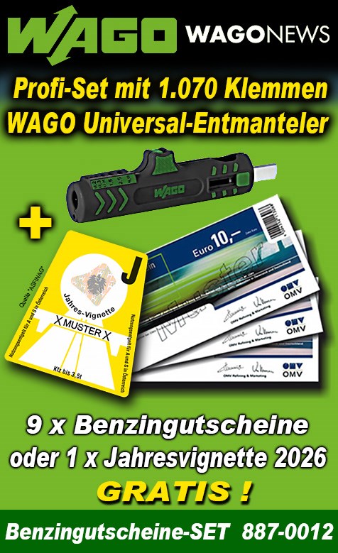 Bild von WAGO-Aktionspaket mit 1.070 Klemmen, WAGO Universal-Entmanteler + 1 x Jahresvignette oder EUR 90,- Benzingutscheine GRATIS!
