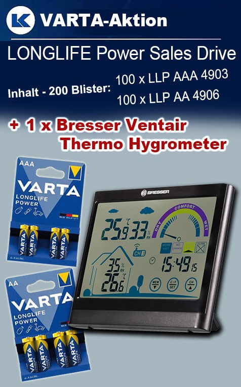 Bild von VARTA Paket LONGLIFE Power mit 200 Blister + 1 x Bresser Ventair Thermo Hygrometer