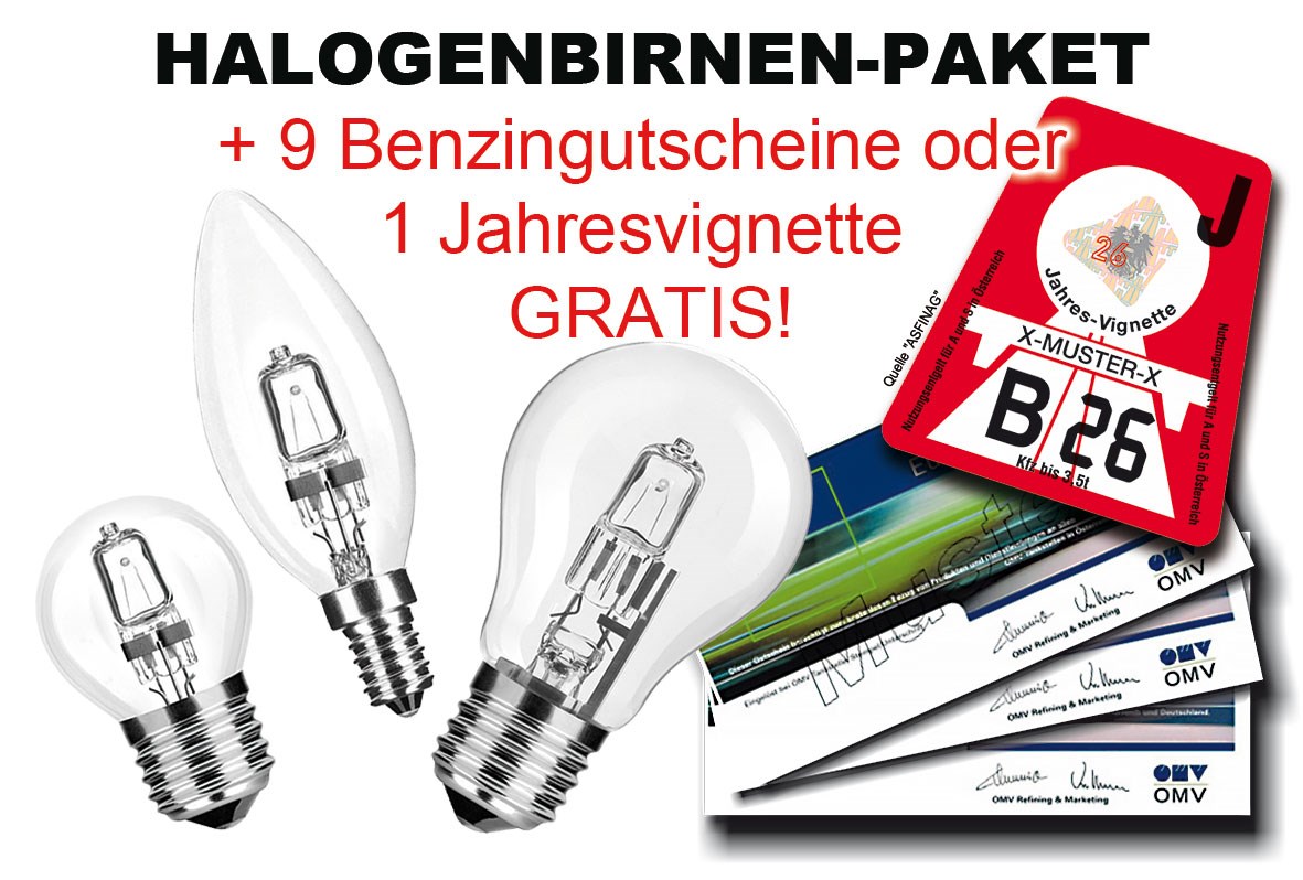 Bild von Aktionspaket: Halogenbirnen + 1 x Jahresvignette oder EUR 90,- Benzingutscheine GRATIS