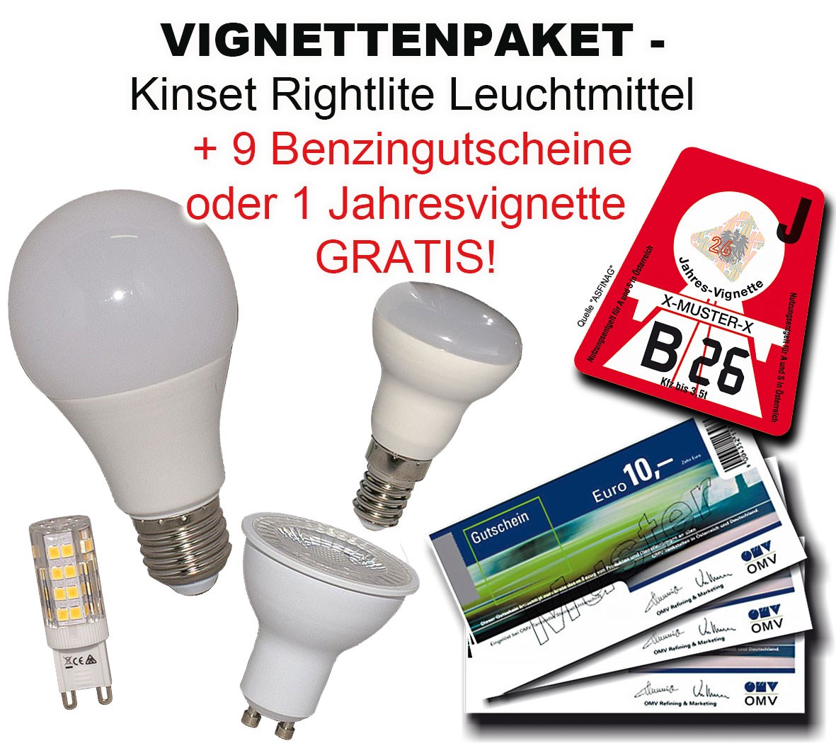 Bild von Aktionspaket: LED Kinset Rightlite & LED Modee Leuchtmittel + 1 x Jahresvignette oder 9 x Benzingutscheine GRATIS