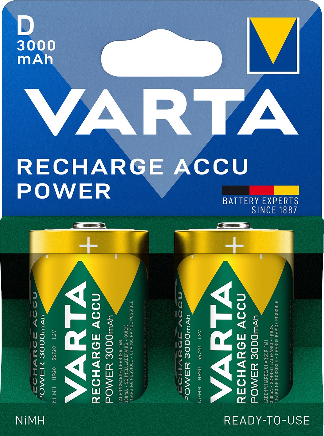 Bild von Varta Recharge Akku Power NiMH Mono HR20 / 3.000mAh / 1,2V / V56720 - 2er Blister