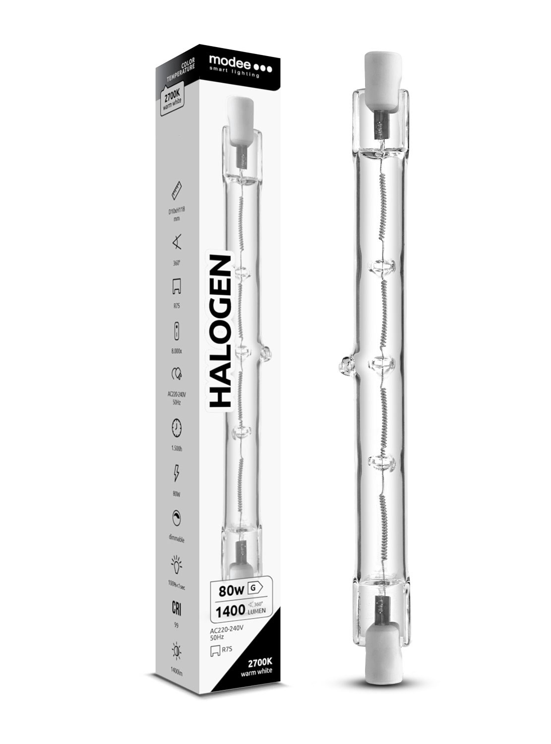 Bild von HV Halogenleuchtstab 2-sockelig / 1.400lm / 80W / 220-240V / R7s / 118mm / 2.700K / ww klar dimmbar