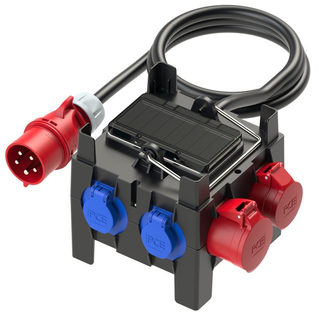 Bild von PCE Kunststoff-Mobilverteiler gesichert - Baureihe IMST 1 CEE-Dose 32A 5p 400V / 1 CEE-Dose 16A 5p 400V / 2 Schutzkontsteckdosen 16A 250V / 1 LS 16A 3p-C /