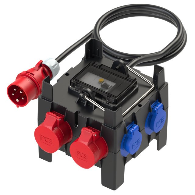 Bild von PCE Kunststoff-Mobilverteiler gesichert - Baureihe IMST 2 CEE-Dosen 16A 5p 400V / 5 Schutzkontaktsteckdosen 16A 250V / 2m Kabel H07RN-F 5G2,5 mit CEE-Stecker 16A 5p 400V