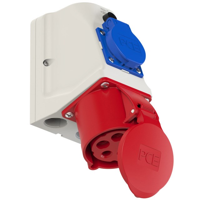 Bild von PCE CEE-Wandsteckdose-Combo IP44 / 32A / 5-polig / 6h / 400V mit Schraubklemmen und mit integrierter Schutzkontaktsteckdose, inkl. Würgenippel