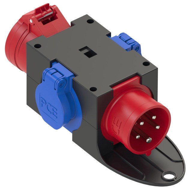 Bild von PCE-Kompaktverteiler IP44 Ausgang: 1 CEE-Dose 16A 5p 400V / 2 Schutzkontaktstd. 16A 250V mit selbstschließendem Klappdeckel