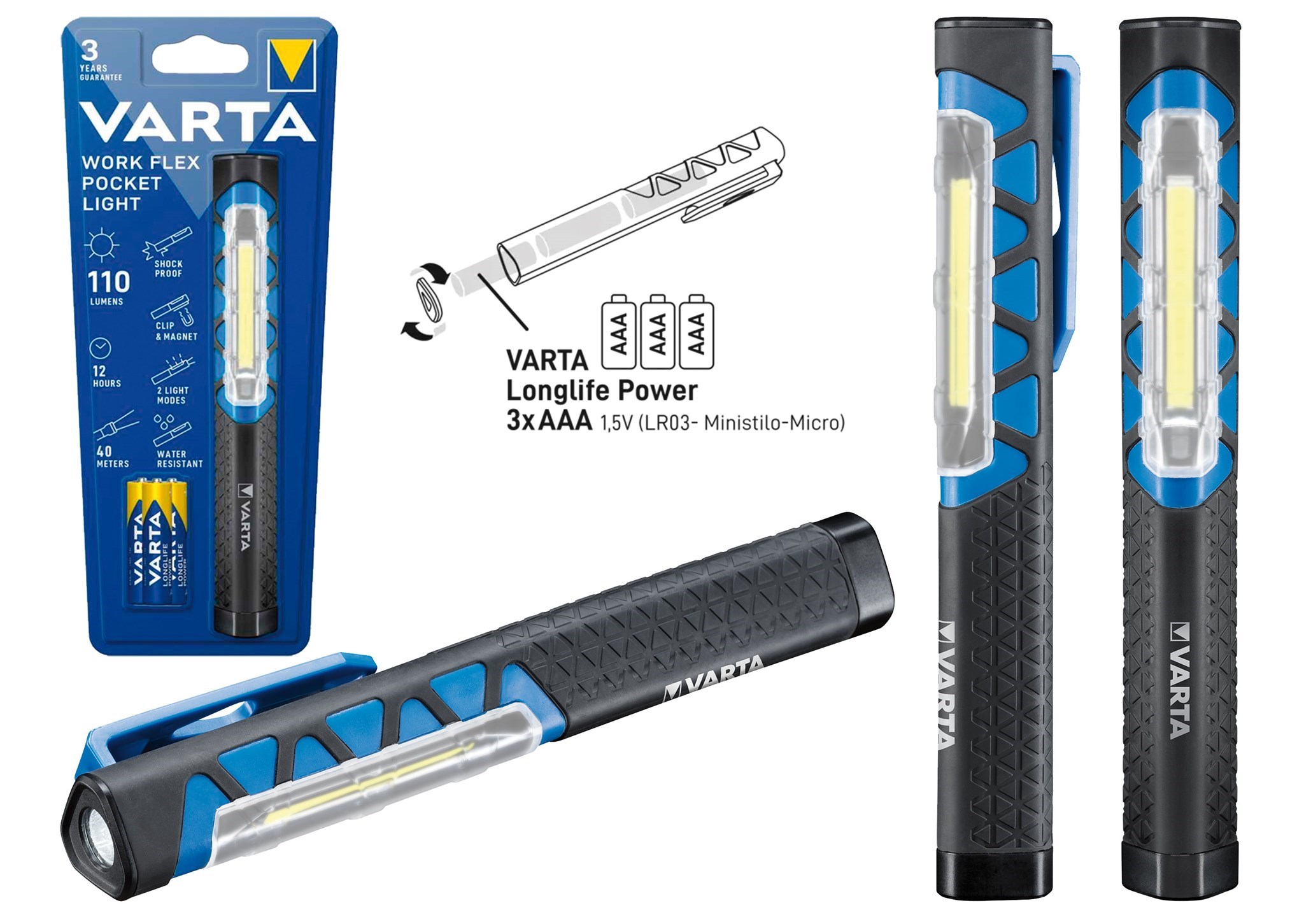Bild von Varta LED Taschenlampe Work Flex Pocket Light inkl. 3AA Longlife Power / 2 Leuchtmodi - Flächen-/Spotlicht / Taschenclip und Magnet für freihändiges Arbeiten