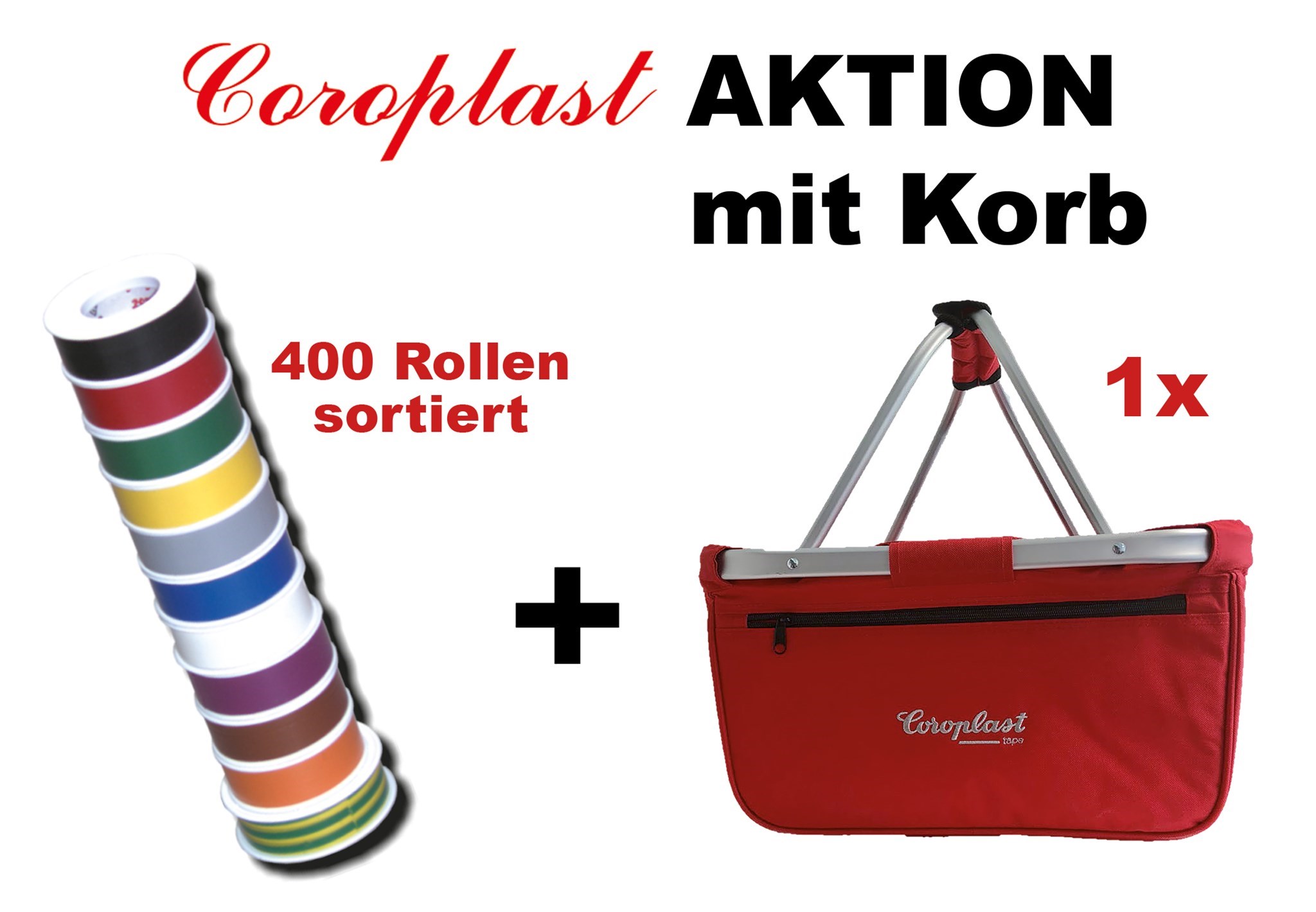 Bild von Coroplast Aktion mit 400 Rollen Coroplast Typ 301 sortiert + 1 x Coroplast Korb GRATIS!