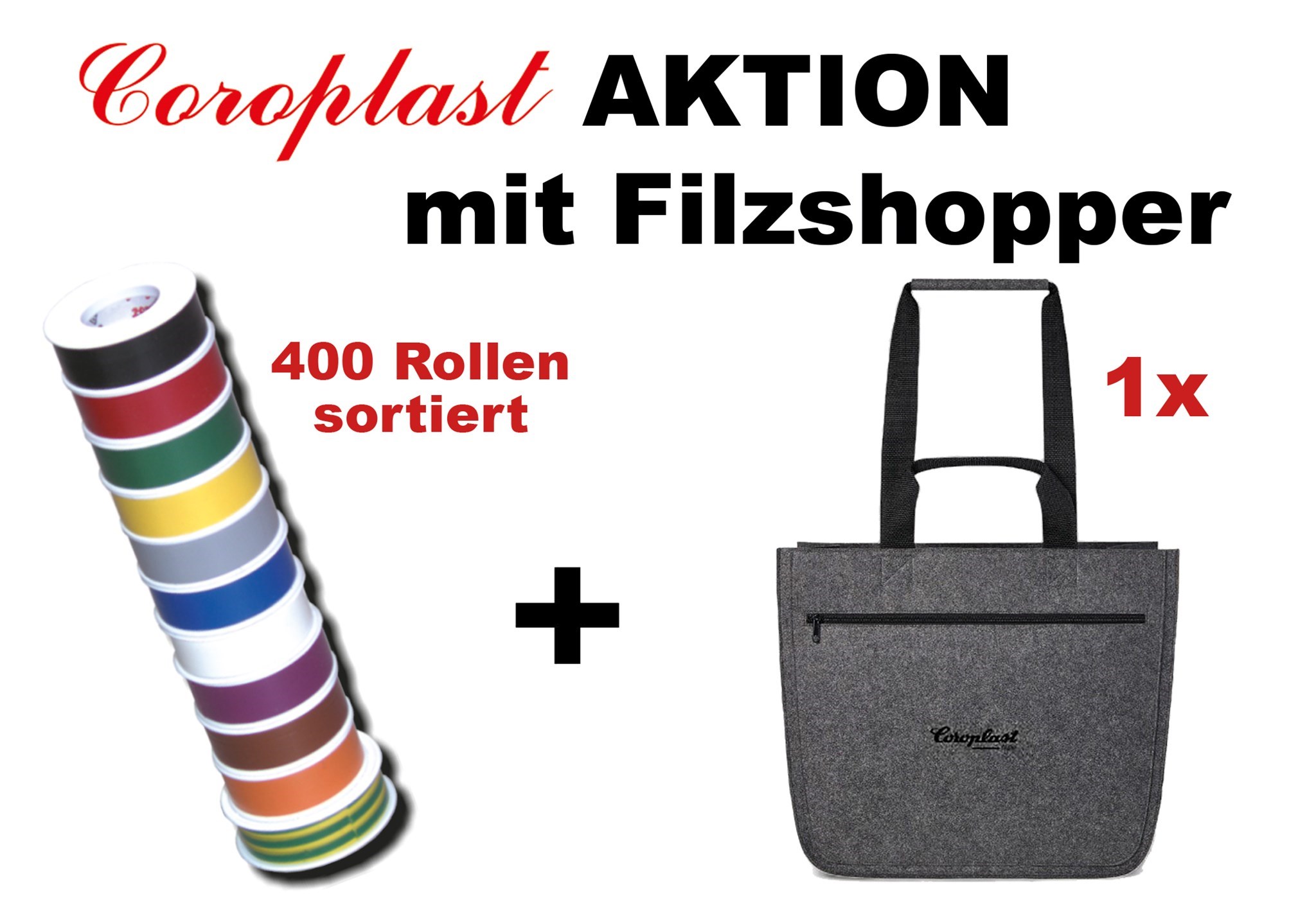 Bild von Coroplast Aktion mit 400 Rollen Coroplast Typ 301 sortiert + 1 x Coroplast Filzshopper GRATIS!