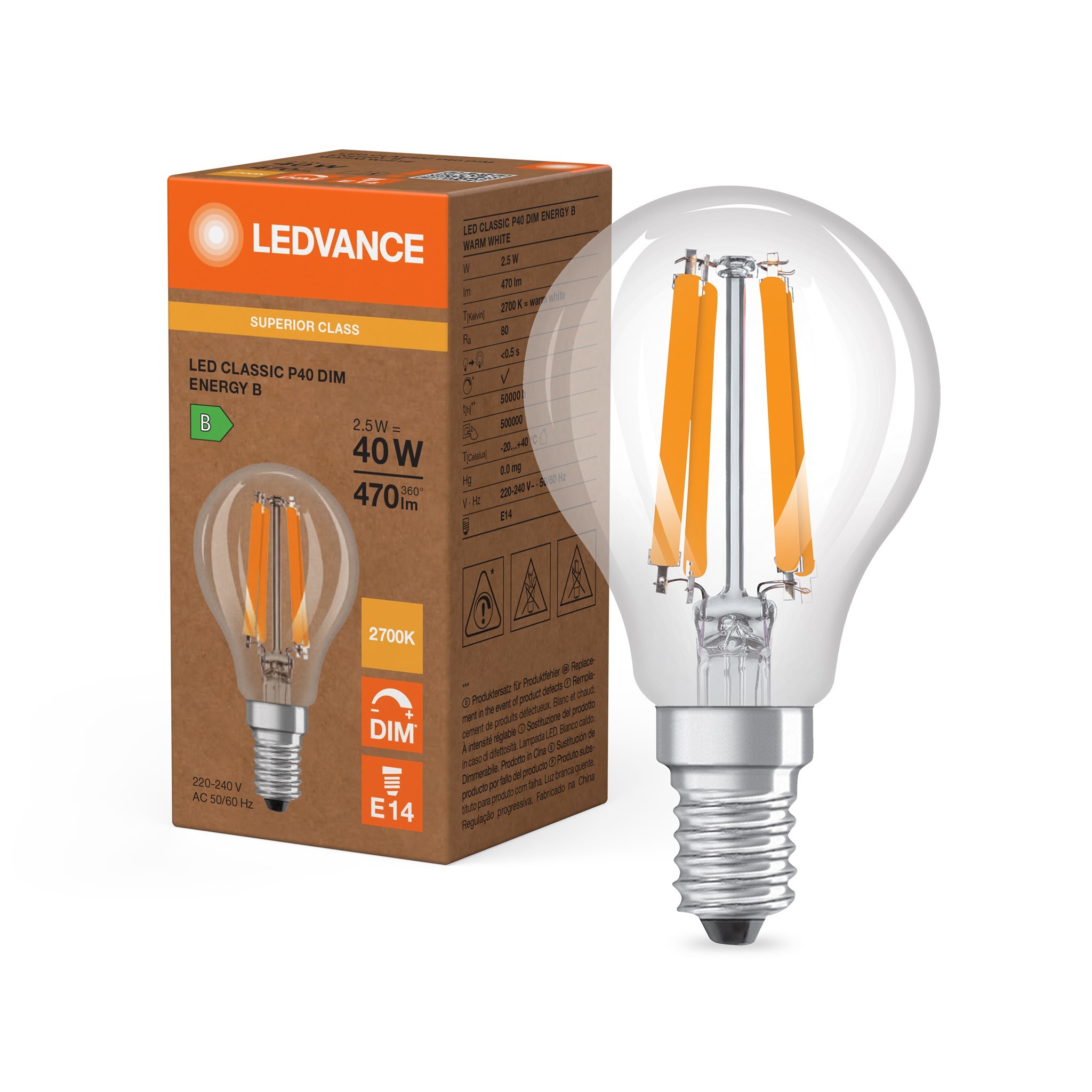 Bild von LED-Filament-Kugellampe P40 / 470lm / 2,5W / E14 / 220-240V / 300° / 2.700K / 827 ww klar / dimmbar