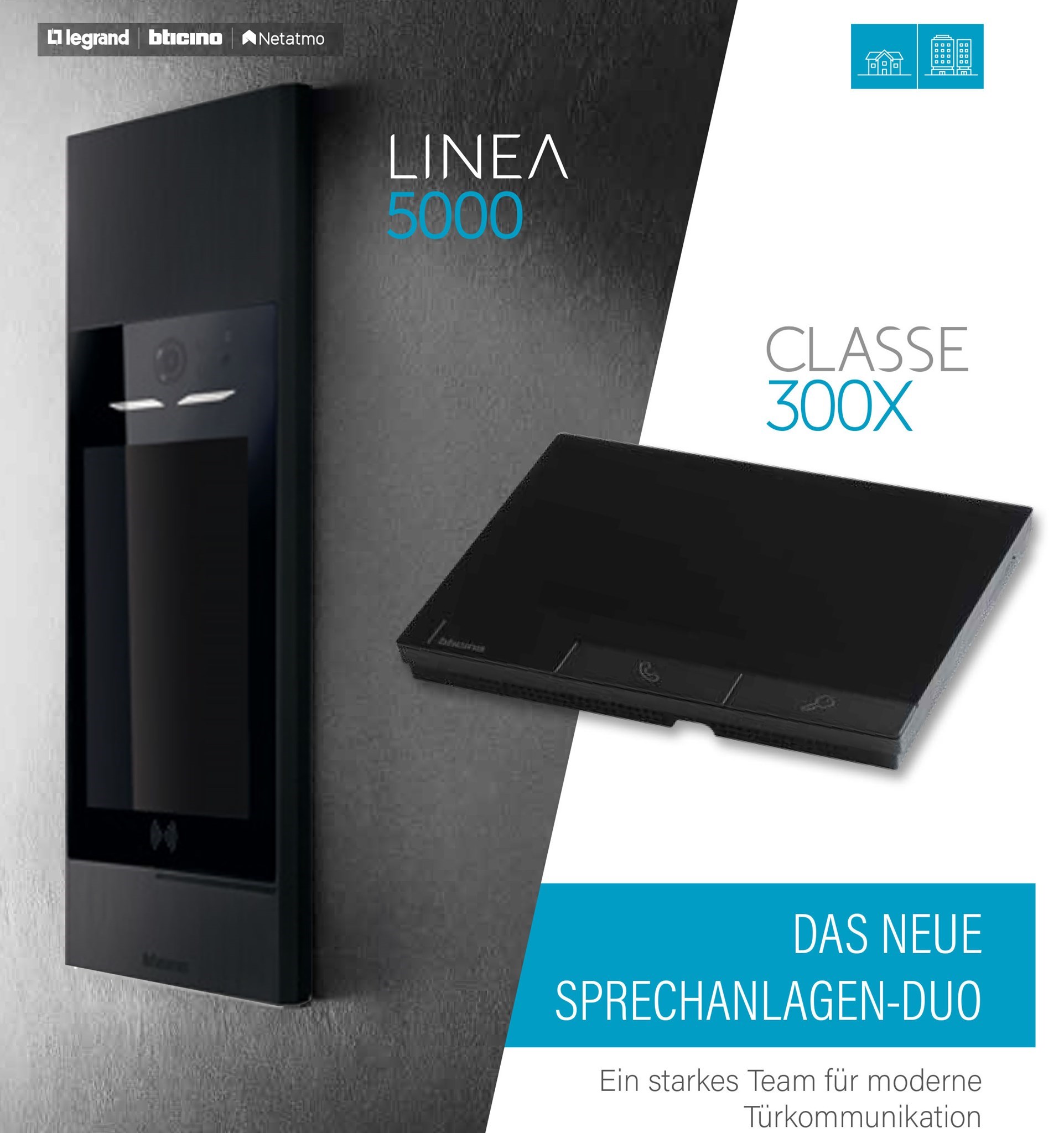 Bild von Bticino UP-Türstation LINEA 5000 Black with Netatmo und Video-Innenstelle CLASSE 300X Dark / Netzgerät