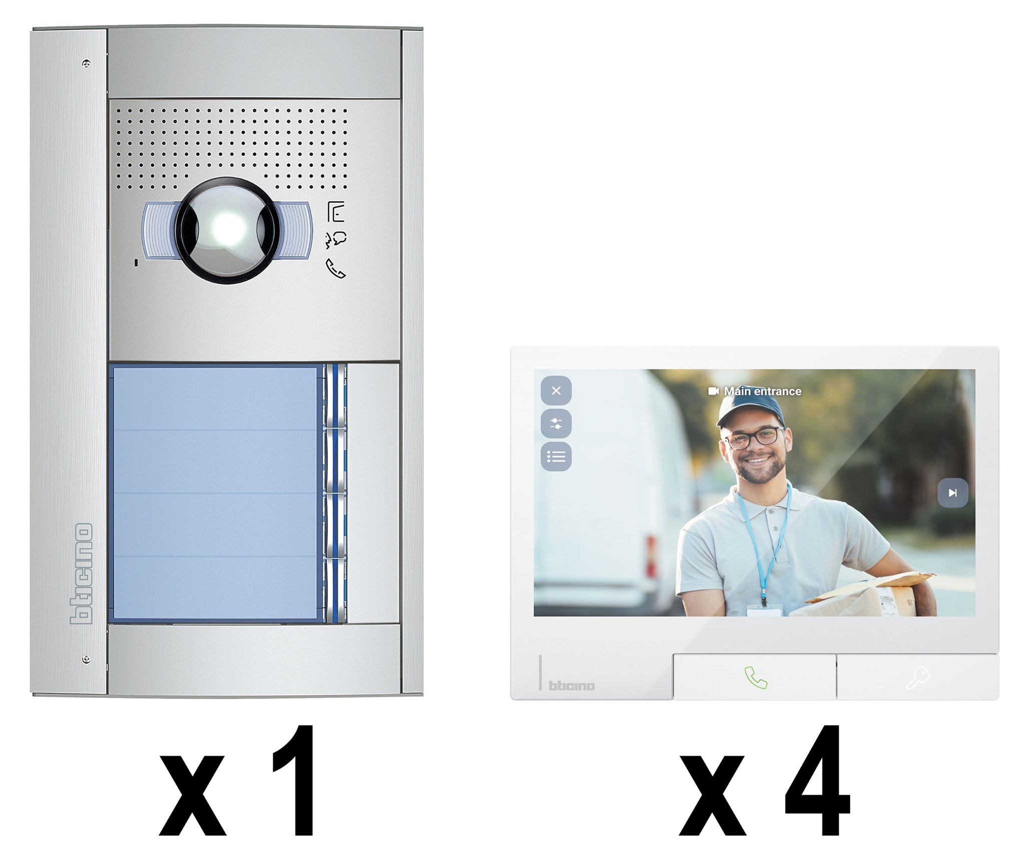 Bild von Bticino Flex'ONE Ready Video-Set SFERA Allmetal (4 Ruftasten) mit vier hörerlosen Video-Innenstellen CLASSE 300X Light mit Smartphone-Anbindung