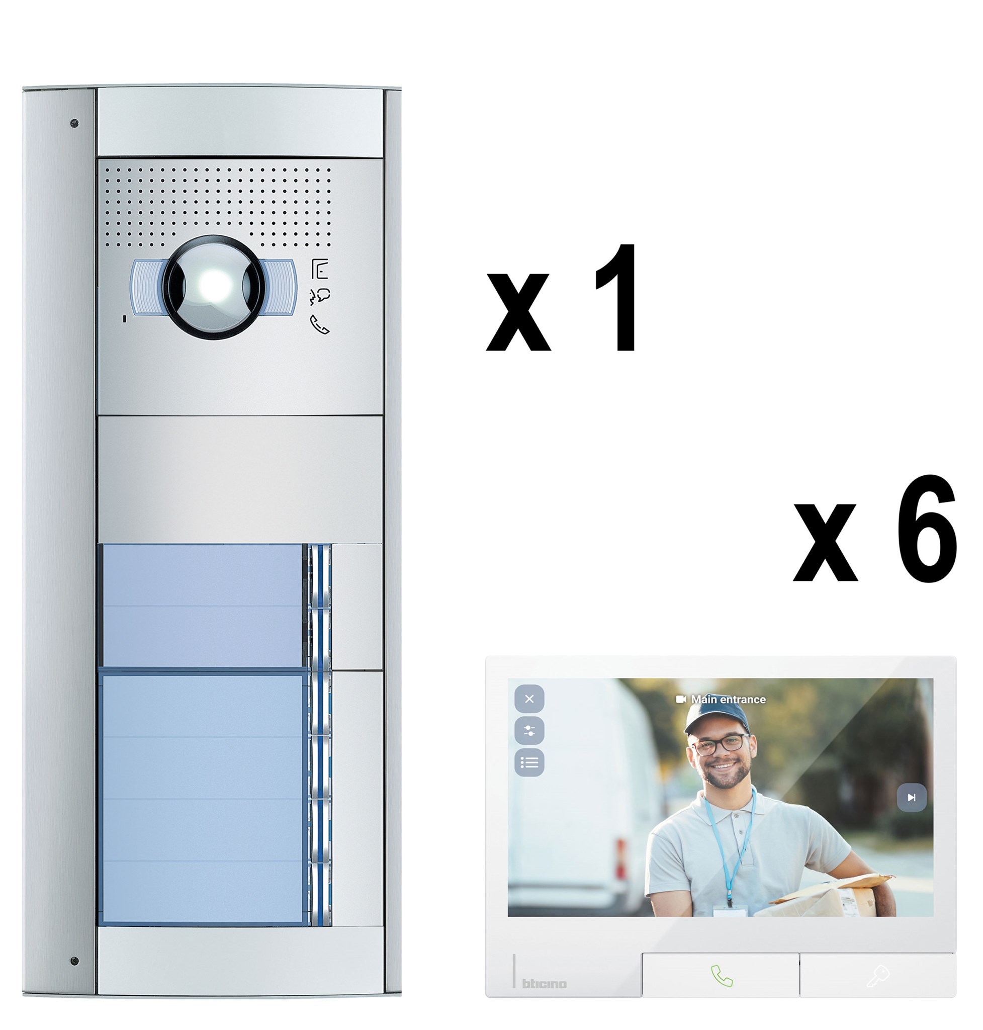 Bild von Bticino Flex'ONE Ready Video-Set SFERA Allmetal (6 Ruftasten) mit 6 hörerlosen Video-Innenstellen CLASSE 300X Light mit Smartphone-Anbindung