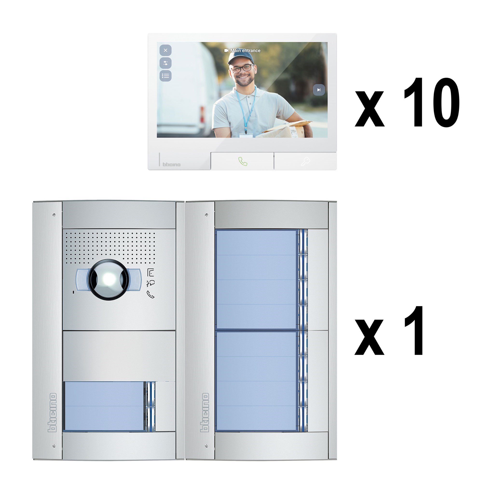 Bild von Bticino Flex'ONE Ready Video-Set SFERA Allmetal (10 Ruftasten) mit 10 hörerlosen Video-Innenstellen CLASSE 300X Light mit Smartphone-Anbindung