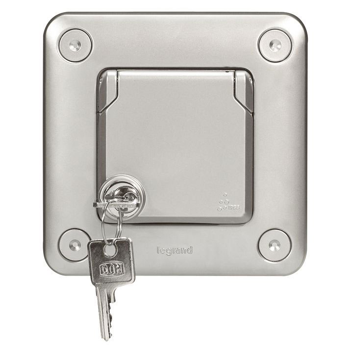 Bild von Legrand Soliroc Schuko-Steckdose IP44 mit Schloss und Klappdeckel / Chrom Metallic matt