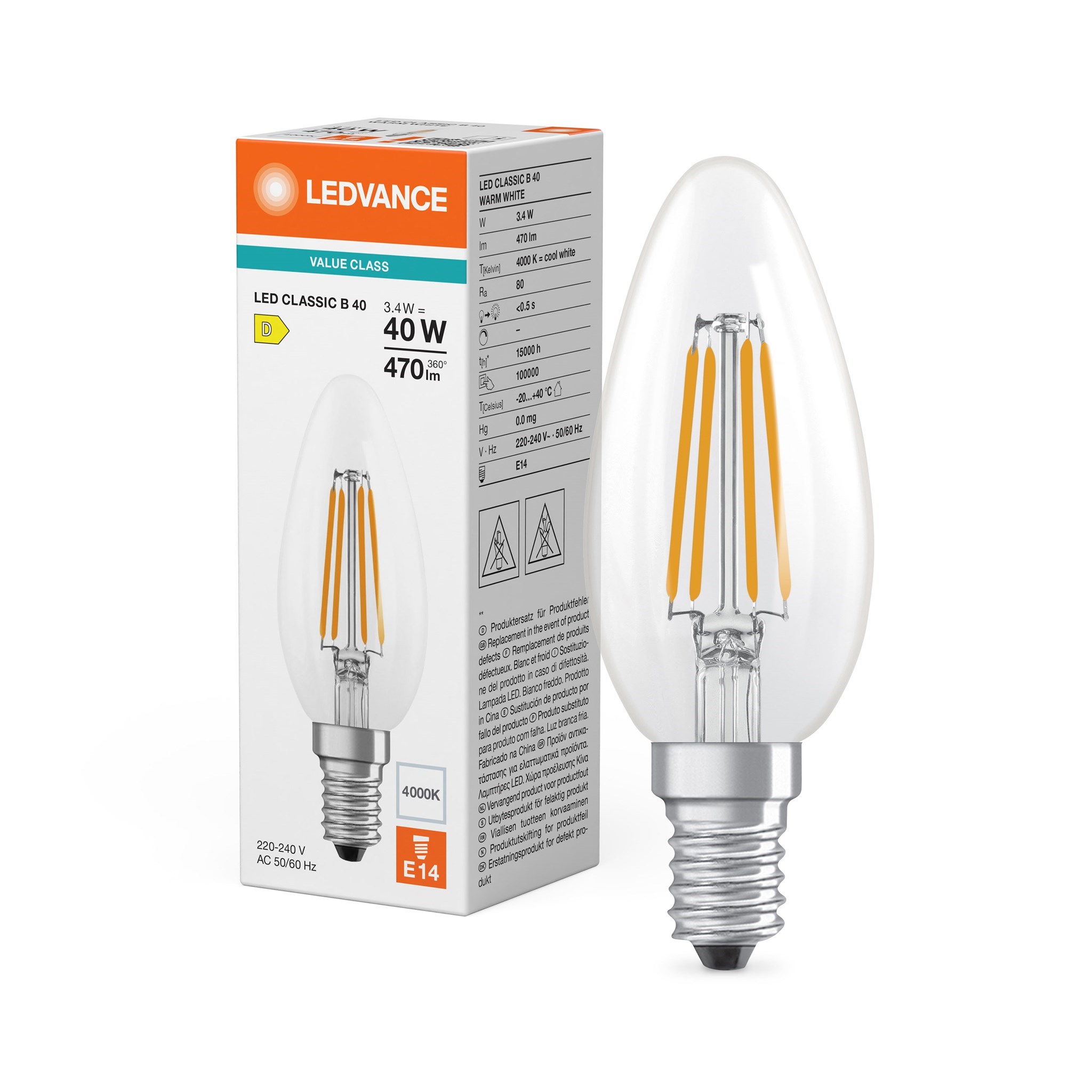 Bild von LEDvance LED Filament Kerzenlampe Classic B40 / 470lm / 3,4W / E14 / 220-240V / 300° / 4.000 K / 840 nw klar