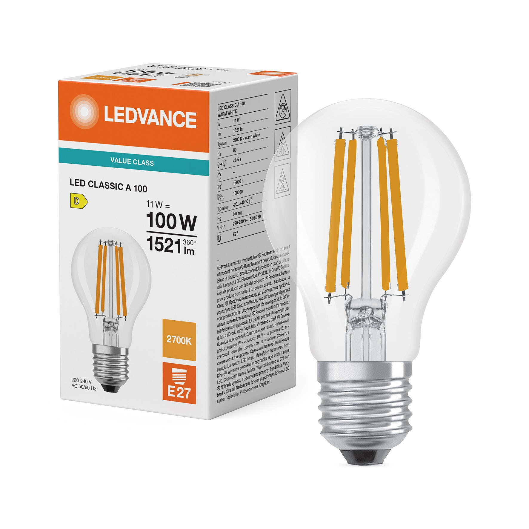 Bild von LED Filament Glühlampe Classic A100 / 1.521lm / 11W / E27 / 220-240V / 300° / 2.700K / 827 ww klar