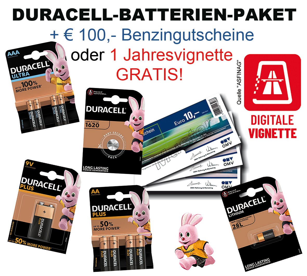 Bild von Aktionspaket: Duracell Batterien + € 100,- Benzingutscheine oder 1 digitale Jahresvignette GRATIS!