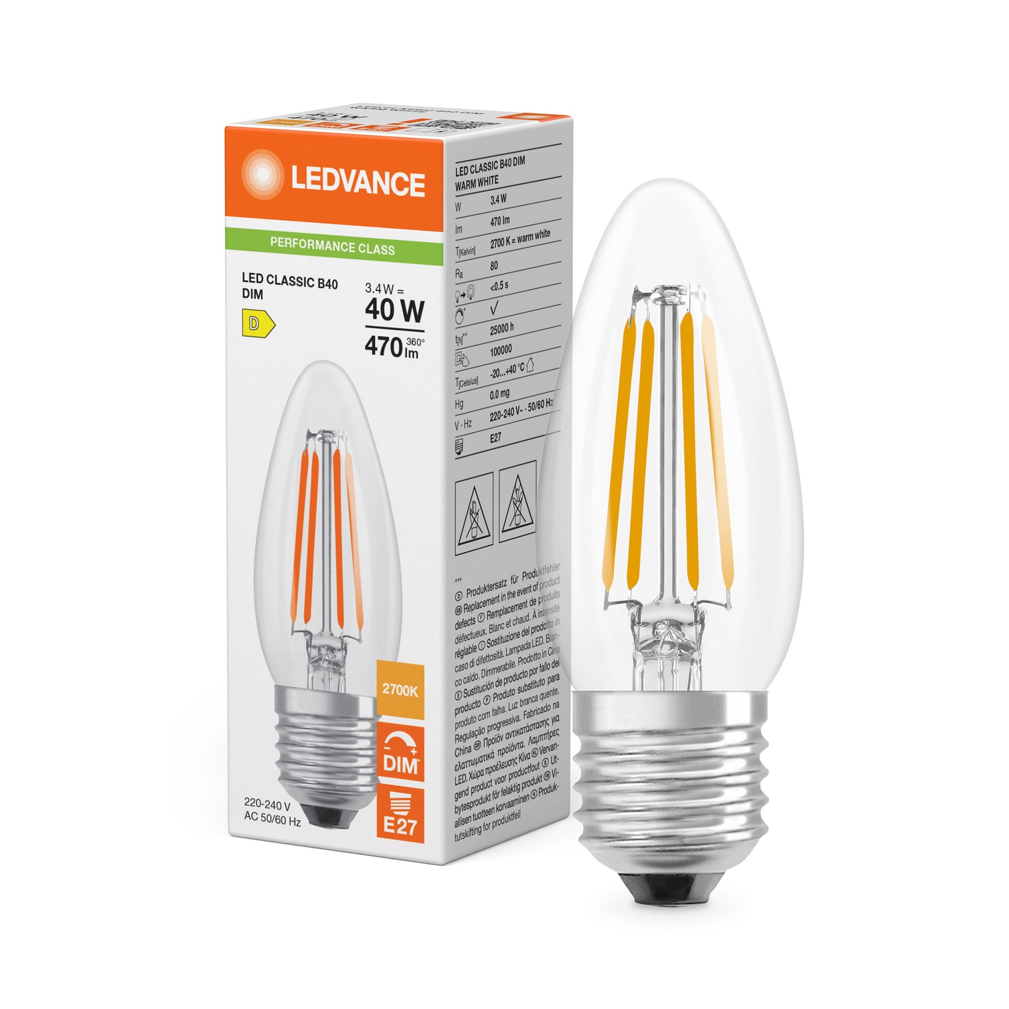 Bild von LED Filament Kerzenlampe CLASSIC B 40 DIM P / 470lm / 3,4W / E27 / 220-240V / 300° / 2.700K / 827 ww klar dimmbar
