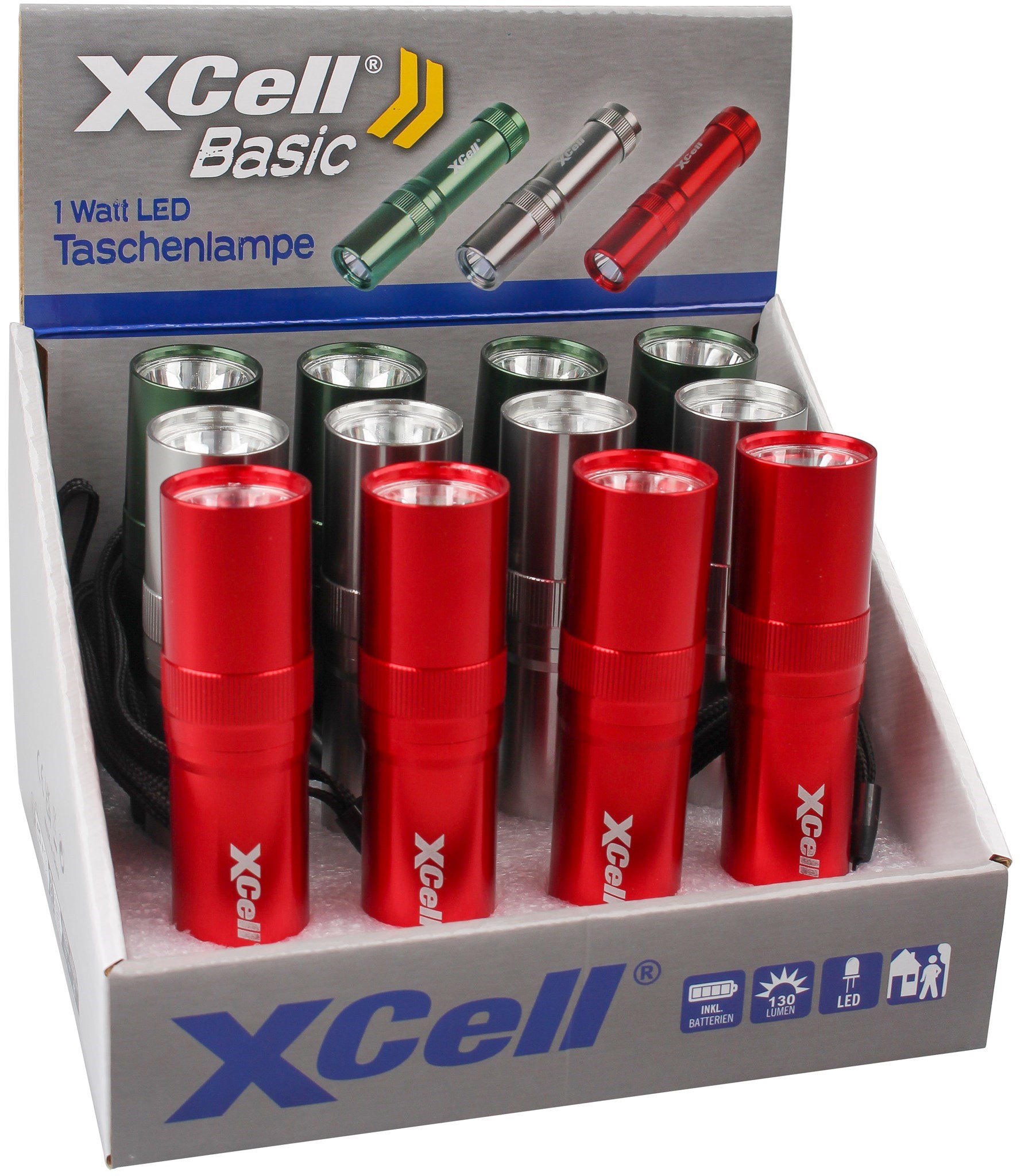 Bild von 12er Thekendisplay LED Taschenlampen Basic inkl. 3xAAA / 130lm / 1W / 20m Leuchtweite