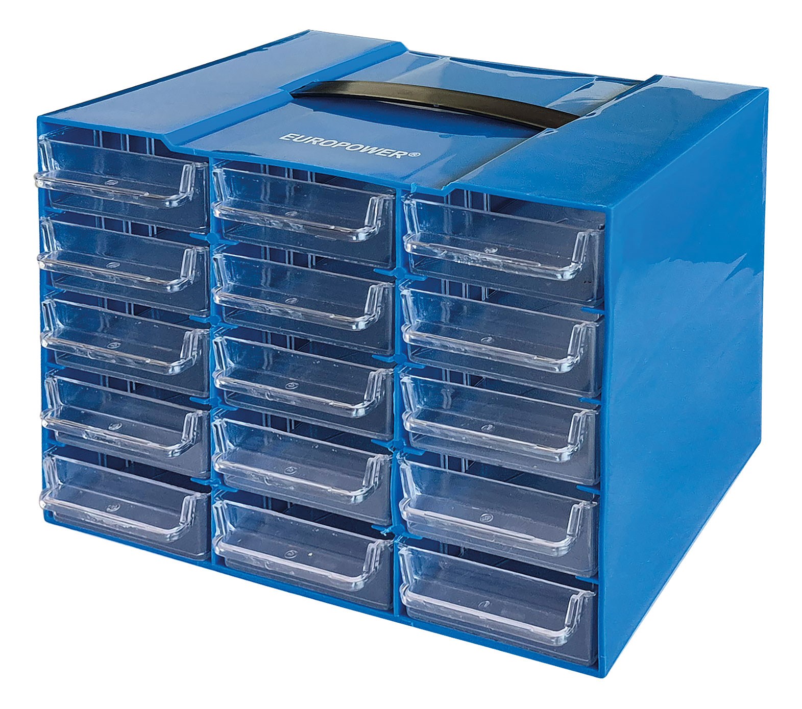 Bild von Sortimentsbox blau leer mit 15 Laden und Tragegriff